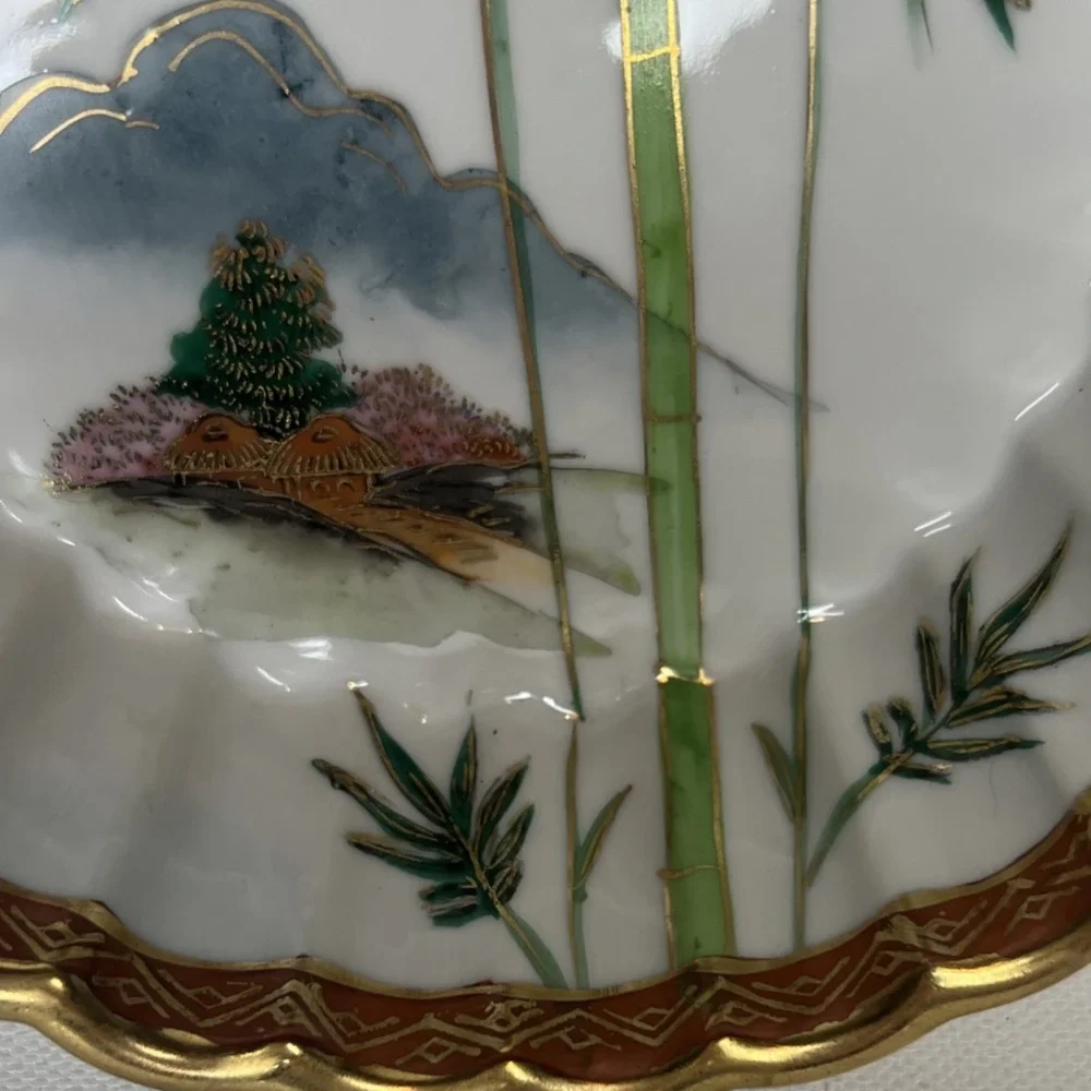 Fujita Kutani Scalloped Bowl Bamboo Landscape Gilt Rim Made in Japan